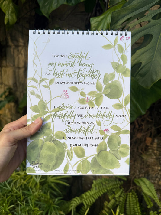 May reflection on the Kangaroo Pocket plant, Dischidia vidalii, inspired by Psalm 139:13–14. A Christian botanical artwork about identity and being fearfully made.