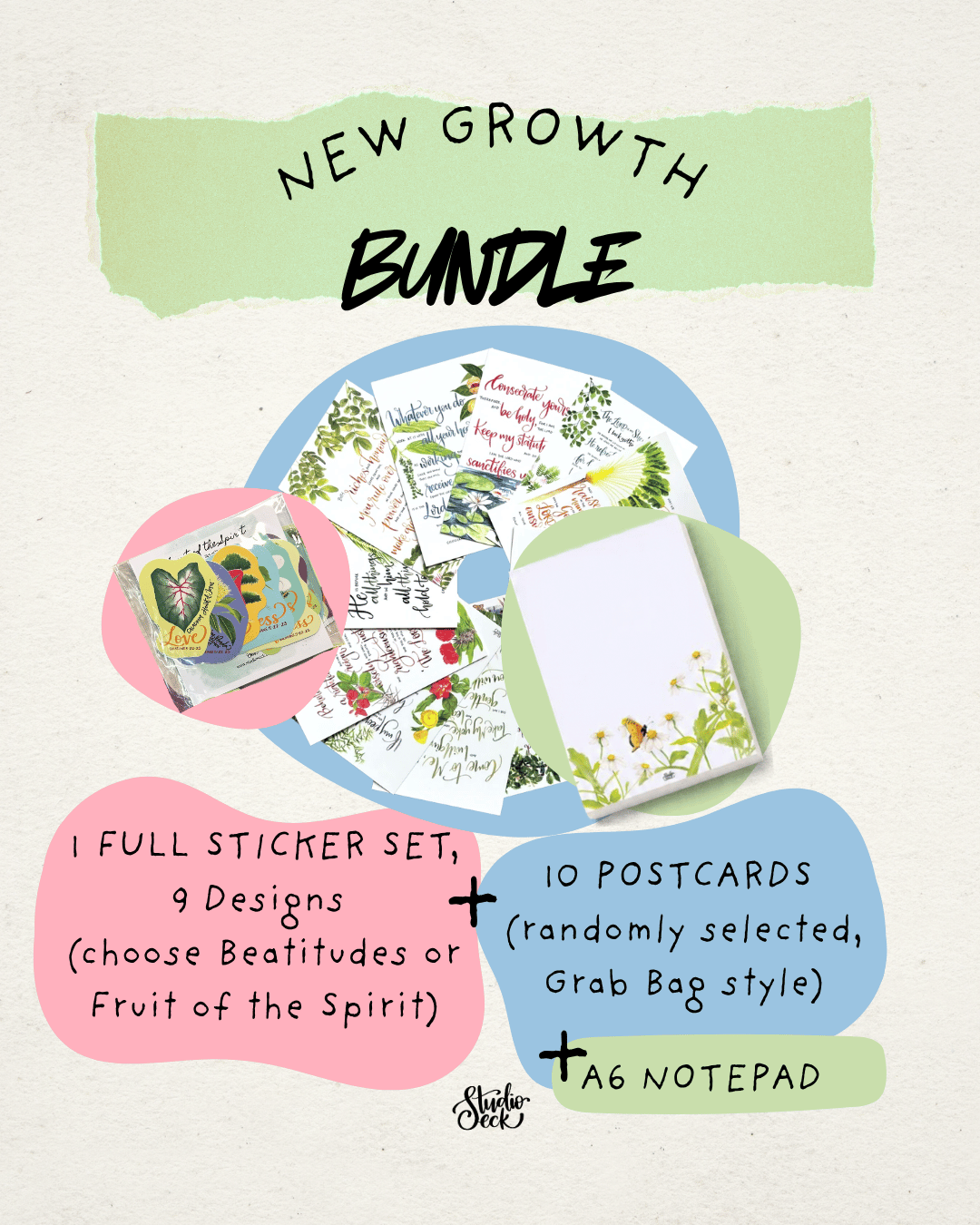[PREORDER] New Growth| Notepad, Sticker Set & Postcards Bundle